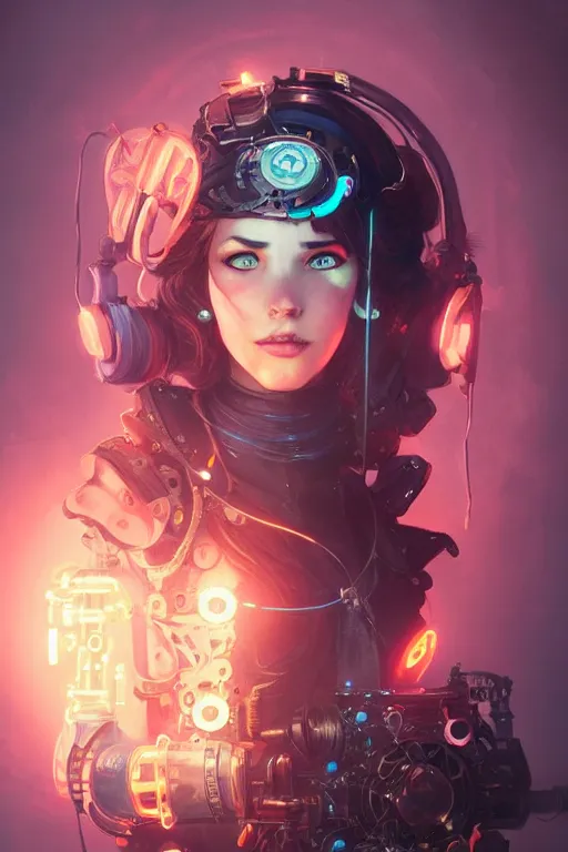 Prompt: portrait of a steampunk girl with mechanical parts and neon light by Artgerm and Greg Rutkowski , digital painting, highly detailed, trending on artstation