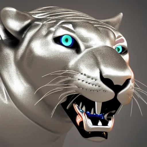 Image similar to silver jaguar sculpture with glowing blue eyes, octane render