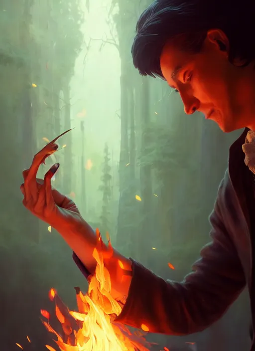 Prompt: highly detailed vfx portrait of a magician casting a fire spell, unreal engine, greg rutkowski, only, once, beeple, makoto shinkai and lois van baerle, ilya kuvshinov, rossdraws, tom bagshaw, alphonse mucha, global lighting, detailed and complex environment