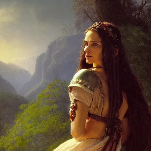 Prompt: portrait of natalie portman as a Druid, painting by ludwig deutsch and rudolf ernst, lost civilizations, long dark hair, beautiful, mystical, dramatic cinematic lighting, sharp focus, smooth, sharp focus, extremely detailed,