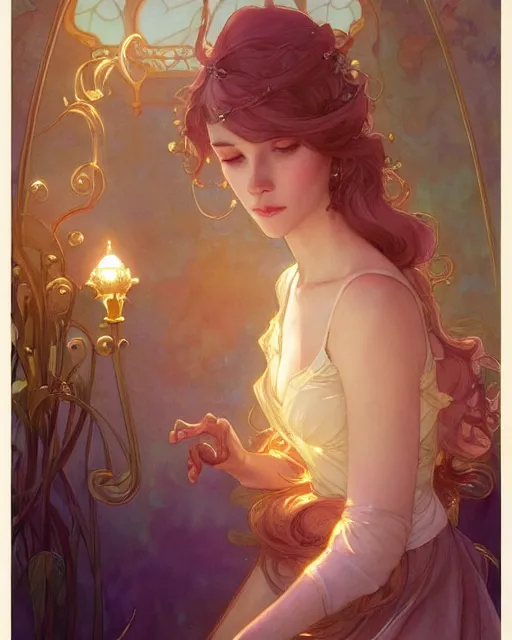 Image similar to secret romance, highly detailed, gold filigree, romantic storybook fantasy, soft cinematic lighting, award, disney concept art watercolor illustration by mandy jurgens and alphonse mucha and alena aenami, pastel color palette, featured on artstation