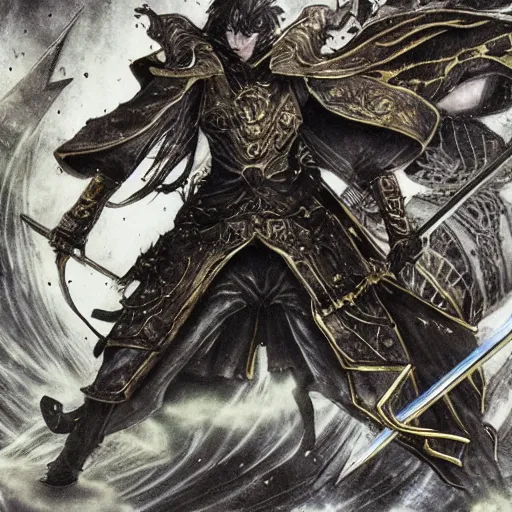 Prompt: a golden handsome magic swordsman with glides through a beautiful battlefield magic the gathering dramatic esoteric pen and ink illustrated in high detail by Yoshitaka Amano