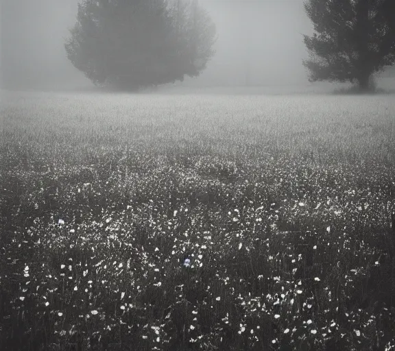 Image similar to black box on the field flowers, by Andrei Tarkovsky, mist, forest, lomography photo effect, monochrome, 35 mm