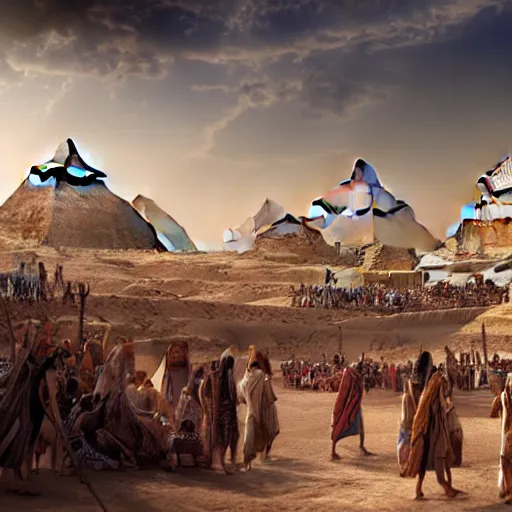 Prompt: Matte painting of Exodus from Egypt. Large crowds of people in Biblical outfits walking in the desert. Pyramids behind. Large pillar of cloud leading the way, detailed digital art trending in artstation
