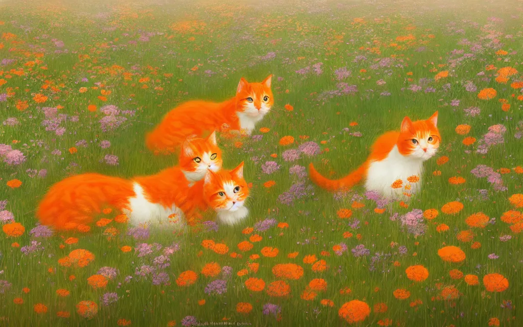 Image similar to cute orange cats in a field of flowers, digital illustration, by makoto shinkai and ruan jia