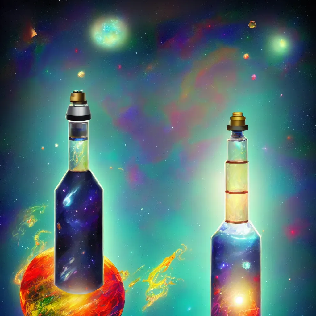 Prompt: the universe contained within a bottle, in a style of artstation