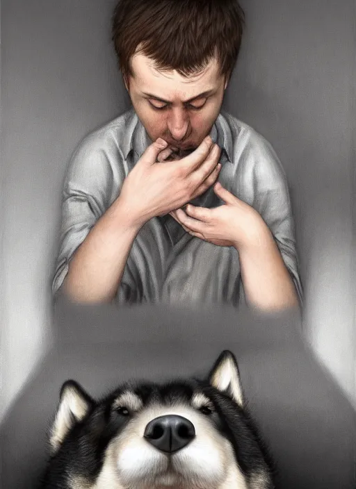 Prompt: insanely detailed chiaroscuro image of a exhausted - looking husky casually - dressed programmer guy on his knees facing his glowing ultrawide computer monitor monitor begging it for forgiveness, oil on canvas, masterwork, fine detail, trending on artstation, emotive, insanely compelling, ryden, koons, moebius