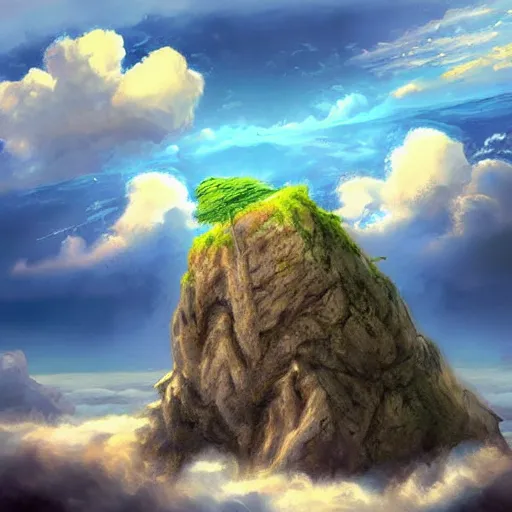 Image similar to a flying island in the sky, clouds background, a giant rock in the sky, epic fantasy style art, fantasy epic digital art