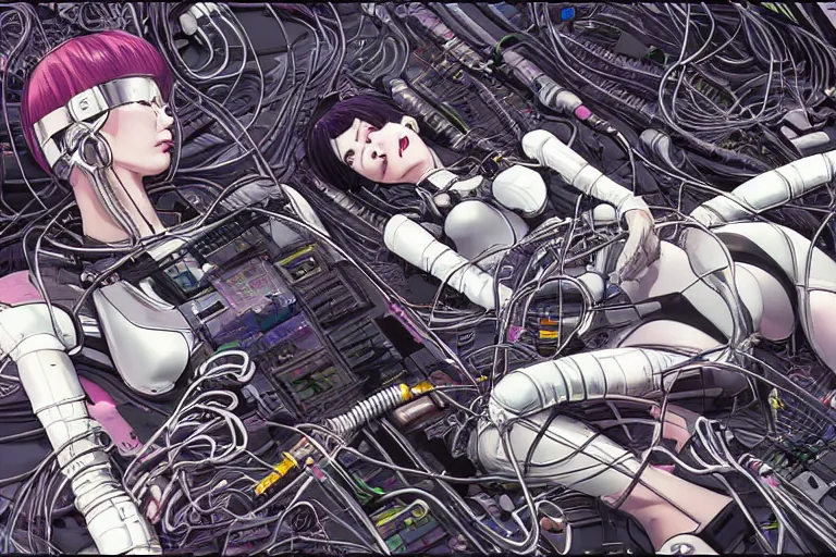 Prompt: a cyberpunk illustration of a group of female androids in style of hajime sorayama, lying on an abstract, empty, white floor with their body parts scattered around and cables and wires coming out, by katsuhiro otomo and masamune shirow, hyper-detailed, intricate, colorful, view from above, wide angle, close up, beautiful