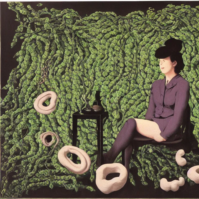 Prompt: a pathology student in her apartment, wrapped in vines, stepping stones, octopus, berries, black walls, ikebana, black armchair, sculpture, moss, acrylic on canvas, surrealist, by magritte and monet