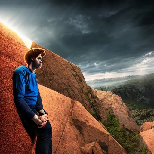 Image similar to a portrait of a man who is sad because he missed the climbing contest - winning digital artwork. stunning lighting
