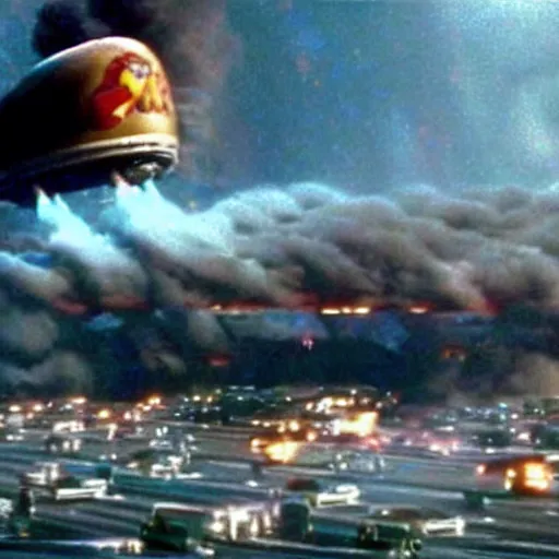 Prompt: mothership from independence day (1996) destroying a mcdonalds