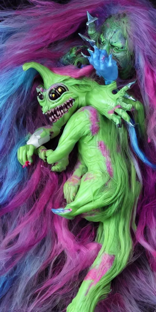 Image similar to a brutal terrifying and mysterious weird toy monster of chaos warped in horror with long rainbow - colored hair, her skin has gaps, spikes, and complex alien textures, terrifying and mysterious