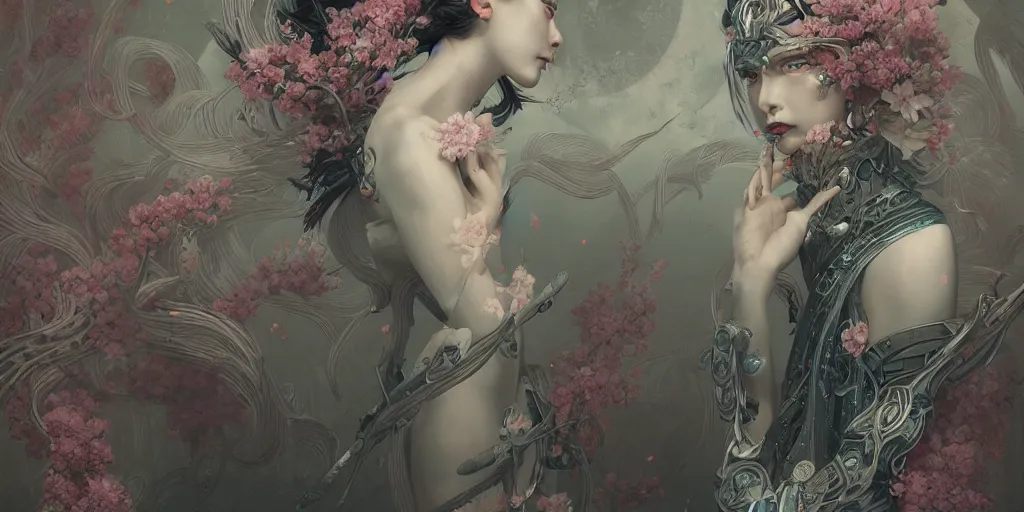 Prompt: breathtaking detailed hellbllade cyborg concept art painting art deco pattern of birds goddesses amalmation flowers, by hsiao ron cheng, tetsuya ichida, bizarre compositions, exquisite detail, extremely moody lighting, 8 k, art nouveau, old chines painting