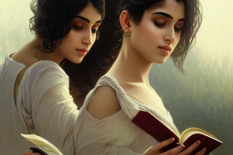 Prompt: sensual good looking pale young bengali girl with soulful eyes reading a novel, portrait, elegant, intricate, digital painting, artstation, concept art, smooth, sharp focus, illustration, art by artgerm and greg rutkowski and alphonse mucha