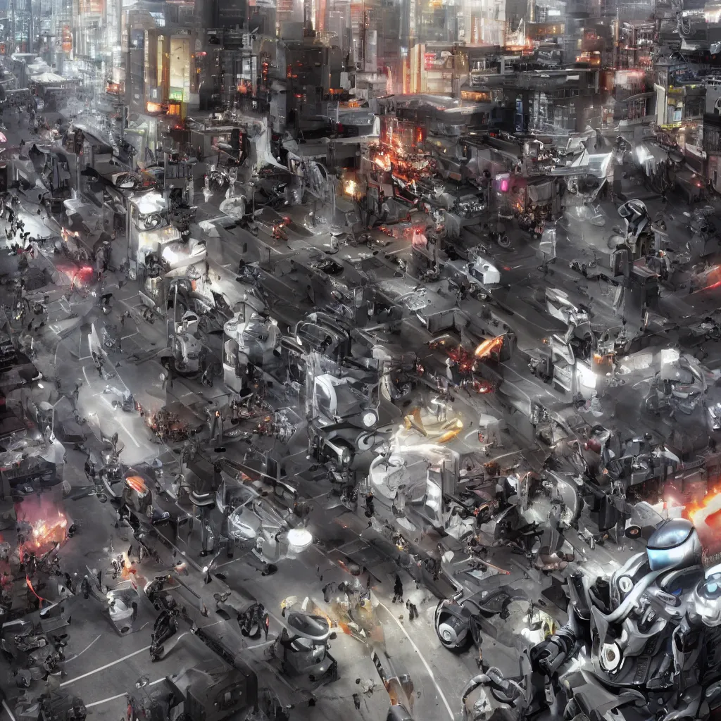 Image similar to robotic rebellion, cyborgs raise against humans in the streets, ocfane render, photo realistic, hyper realistic, 8 k resolution