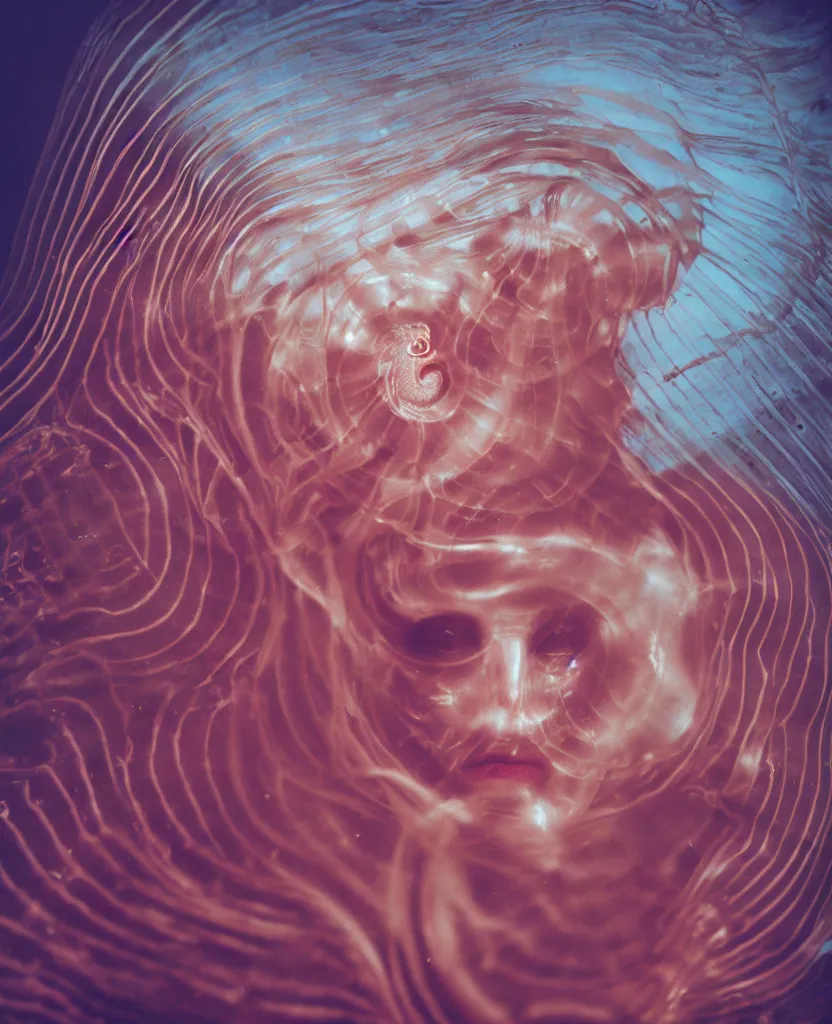 Image similar to kodachrome, close up swirly portrait of the face of a beautiful princess a demon face with translucent nautilus jellyfish, porta 4 0 0, mutes colors of phoebe bridgers standing. beautiful organic, natural light, 8 0 mm