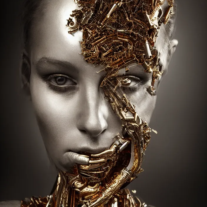 Image similar to beautiful woman catwalk fashion, photorealism, white detail plastic biomechanical with gold, copper, bronze, chrome by lee jeffries, erik johansson, h. r. giger, supersampled, 8 k, beautify