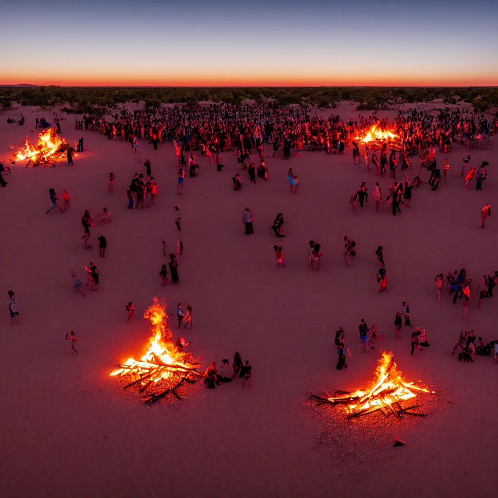 Prompt: dancefloor kismet, revellers, front left speaker, bonfire, night, the australian desert, zaha hadid, xf iq 4, symmetry, sony a 7 r, 1 5 0 mp, 5 0 mm, f 1. 4, iso 2 0 0, 1 / 1 6 0 s, dawn, golden ratio, rule of thirds