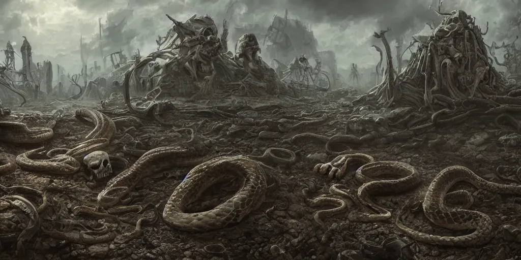 Image similar to snakes crawling from skulls in apocalyptic wasteland, depressing, morbid, surreal, 4 k, digital art, concept art, trending on artstation, highly detailed, epic composition