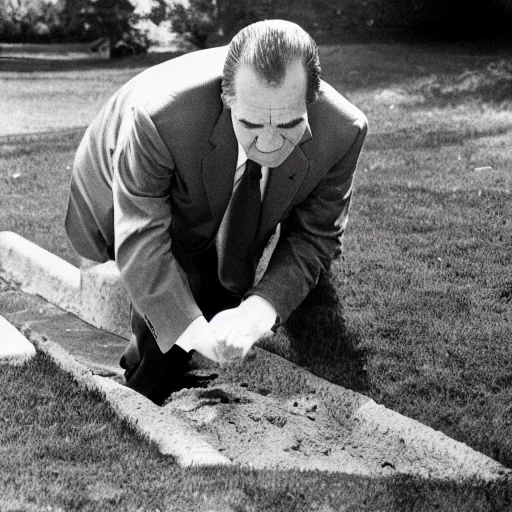 Image similar to president richard nixon crawling out of a grave. photograph. high quality. low angle
