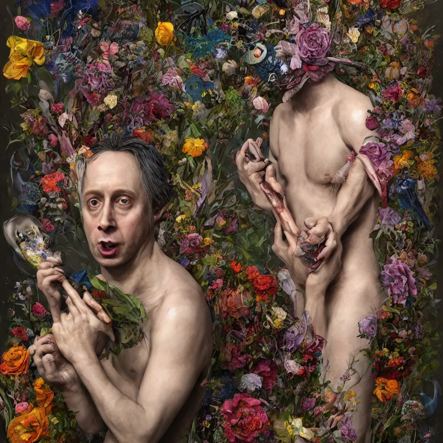 Image similar to male portrait of anorexic john zorn todd solondz eating rotten flesh and puking blood wearing a thong, surrounded by flowers by karol bak, james jean, tom bagshaw, rococo, trending on artstation, cinematic lighting, hyper realism, octane render, 8 k, hyper detailed.