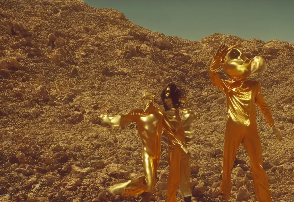 Image similar to mick jagger dressed in golden costume with jewels in a dry rocky desert landscape, with alien complex city beneath the sand and giant alien spaceship in the sky attacks the earth by christopher doyle and alejandro jodorowsky, anamorphic lens, kodakchrome, cinematic composition, masterpiece, 8 k