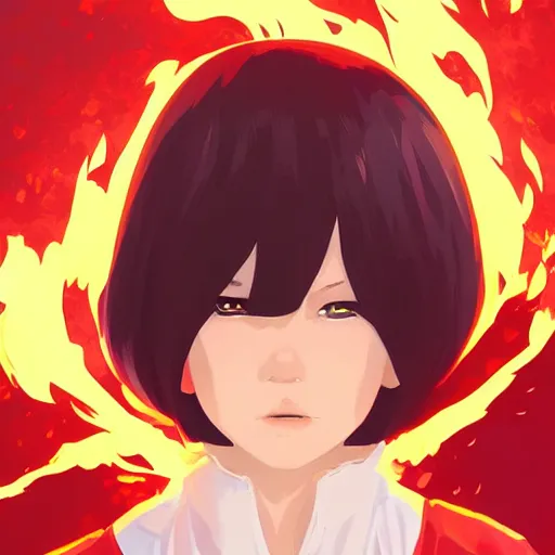 Image similar to Yui Takamura like a fire superhero by Ilya kuvshinov and Krenz cushart, pixel art, character portrait