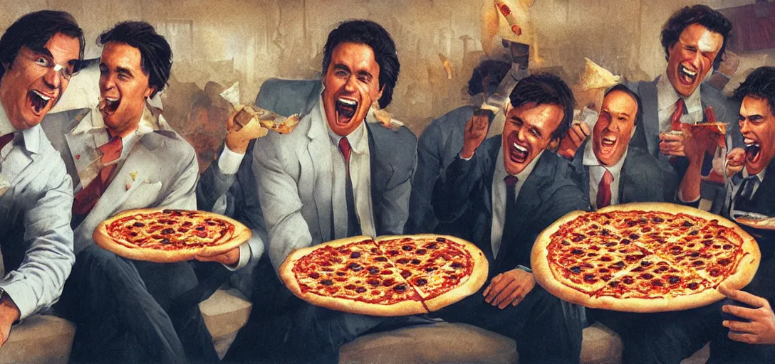 Prompt: business men eating a pizza, 80s style, smiling maniacally, 8k, james gurney, greg rutkowski, john howe, artstation