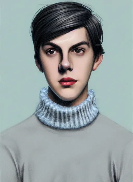 Image similar to portrait of teenage jughead jones wearing a light grey crown, crown, blue turtleneck, 1 9 5 0 s, closed eyes, photorealistic, black hair, glowing lighting, intricate, elegant, glowing lights, highly detailed, digital painting, artstation, concept art, smooth, sharp focus, illustration, art by wlop, mars ravelo and greg rutkowski