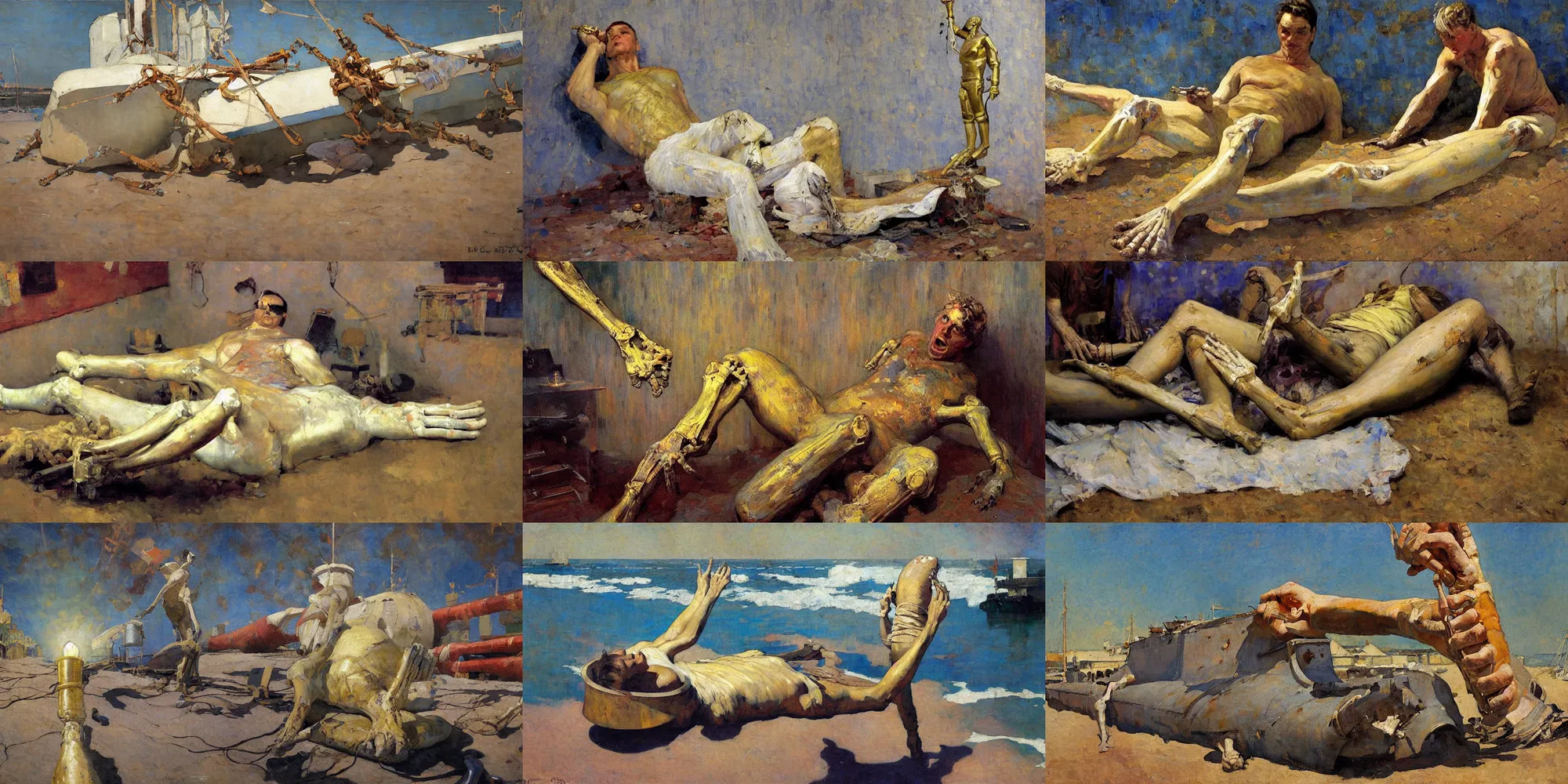 Prompt: painting by dean cornwell, ilya repin, nc wyeth painting, ultra wide, vanishing point, 3 d perspective, colossal beached nuclear submarine arm leg hand, bones, limb, white marble fingers, liquid gold, gold leaf, up close, beaching, rust, midnight, junk town, makeshift house, colorful lightbulb festoon lights, telephone pole