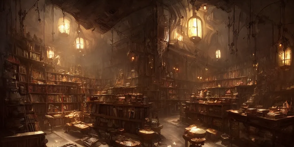 Image similar to ! dream dark book shop interior by bastien lecouffe - deharme and charles bowater, greg rutkowski, adventure game, inspired by diablo concept art