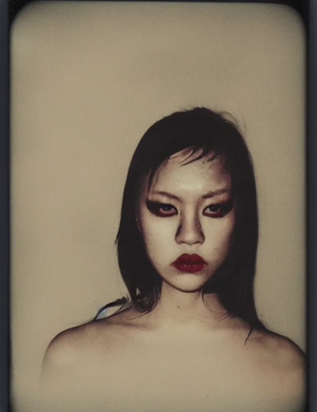 Prompt: polaroid photo with flash, girl sitting on a bad, heavy make up, grunge style, asian, polaroid photo bleached strong lights, kodak film stock, hyper real, stunning moody cinematography, with anamorphic lenses, by maripol, by stanley kubrick, detailed