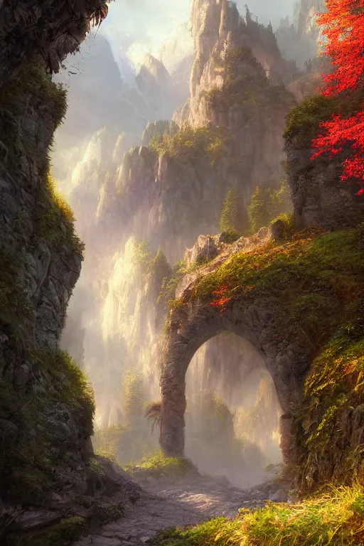 Prompt: A beautiful hyper realistic detailed matte painting of an old stone archway over a pathway through a colorful forest, dramatic sky, dramatic mountains in background, dramatic lighting, dynamic lighting, cinematic lighting, lit by morning light, by Raphael Lacoste and John Howe and Andreas Rocha, unreal engine, featured on artstation