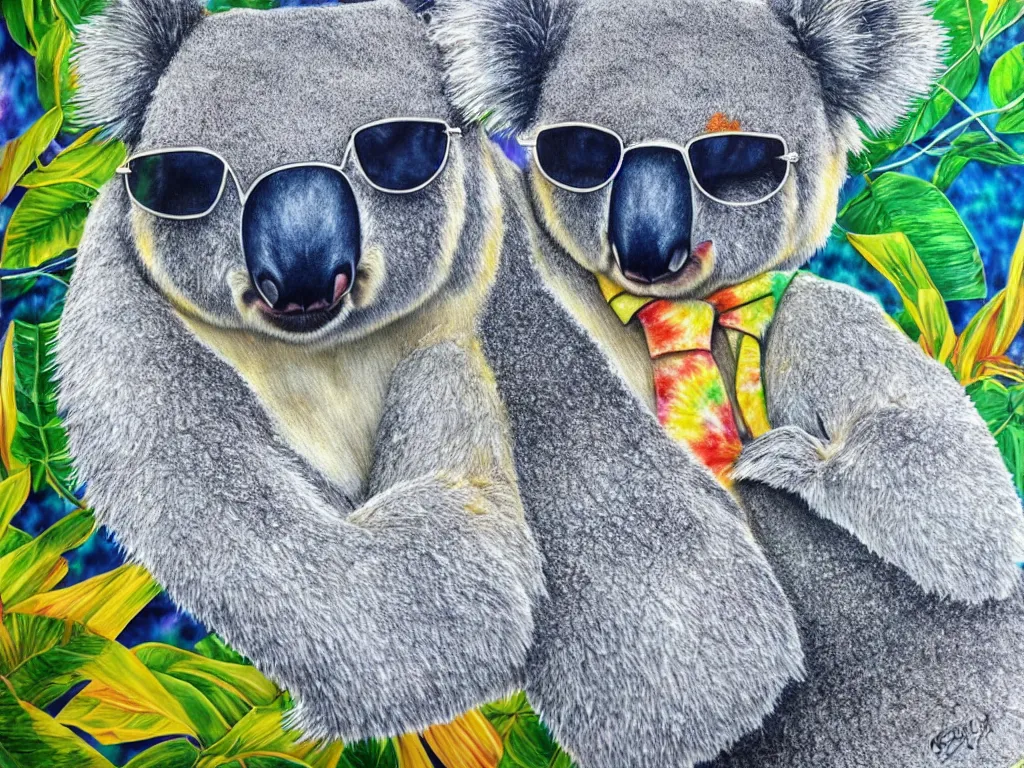 Prompt: Photorealistic koala bear wearing a tie dye tshirt. The koala bear is wearing a sunhat and aviator glasses. koala bear is inside a houseboat in Kerala. There is a lot of coconut trees in the background.