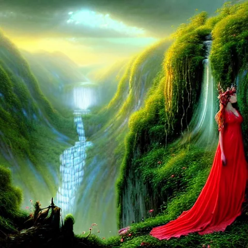 Image similar to an elegant fairy queen in a red lace dress sitting and looking out at a lord of the rings scenery landscape, vast lush valley flowers and giant mushroom structures, waterfall, river, sunrise, god's rays highly detailed, vivid colour, soft clouds, floral sunset, cinematic lighting, perfect composition, gustave dore, derek zabrocki, greg rutkowski, belsinski