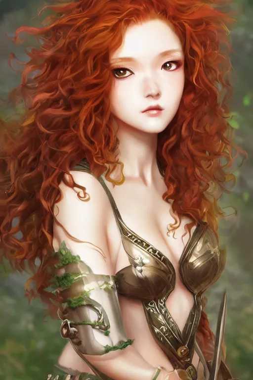 Image similar to A realistic anime portrait of long curly haired redhead female ranger wearing an intricate fantasy ranger outfit, asian facial features, green eyes, digital painting, by Stanley Artgerm Lau, Sakimichan, WLOP and Rossdraws, digtial painting, trending on ArtStation, SFW version