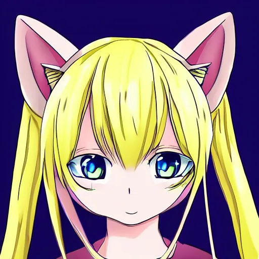 Prompt: anime little cat girl with yellow hair and blue eyes