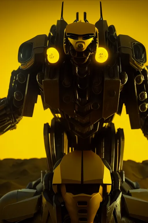 Prompt: a cinematic still from west world, yellow mech bumblebee, humanoid servo, octane render, nvidia raytracing demo, masterpiece, aged armor plating, aggressive head,