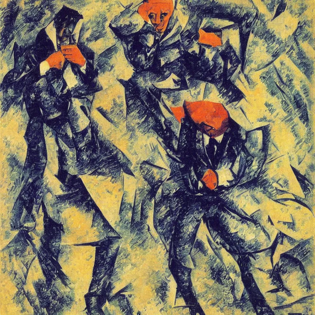 Image similar to Man in a business suit with a bag covering his head, by Boccioni