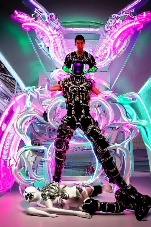 Prompt: full-body rococo and cyberpunk style neon statue of a young attractive Cristiano Ronaldo macho dotado e rico android sim roupa reclining con las piernas abertas e la piroca dura, glowing white laser eyes, prince crown of pink gears, diamonds, swirling silver-colored silk fabric. futuristic elements. full-length view. space robots. human skulls. intricate artwork by caravaggio. Trending on artstation, octane render, cinematic lighting from the right, hyper realism, octane render, 8k, depth of field, 3D