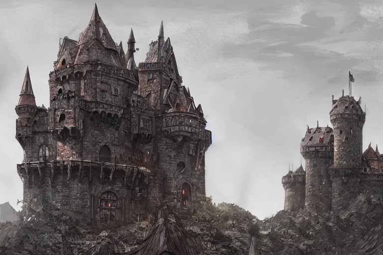 Image similar to A big iron keep overlooking the beautiful castle below it, metal, iron, texture, intricate, details, highly detailed, masterpiece, architecture, building, trending on artstation, focus, sharp focus, concept art, digital painting, fantasy, D&D, tabletop, rpg, roleplay