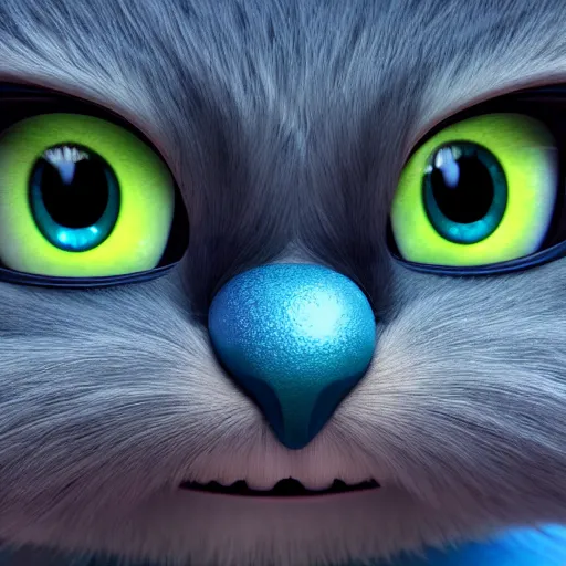 Image similar to close up portrait of a cute fluffy alien with huge reflective eyes :: fur, lots of fur, fluffy, adorable, cel shading, toon shading, disney, pixar, dreamworks, disney animation style, pixar animation style, dreamworks animation style, muted colors, dull colors, pastel colors, lots of colors, colorful