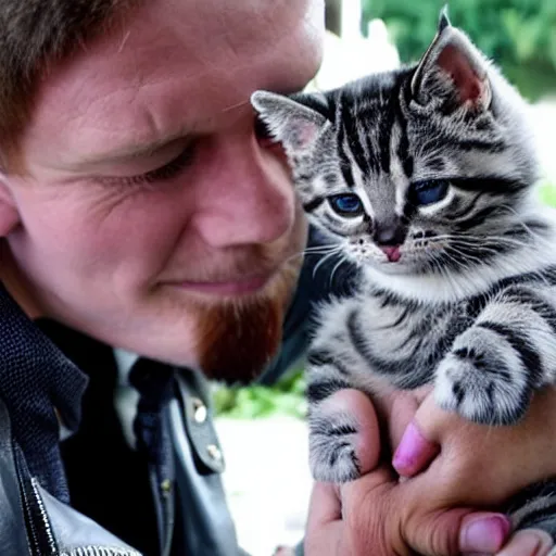 Prompt: the Terminator petting a cute kitten