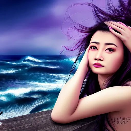 Prompt: beautiful modern asian girl with tattoo's and blue pink purple long hair looking in the camera with sea with big waves in the background, portrait, 8 k, digital art, detailed realistic eyes.