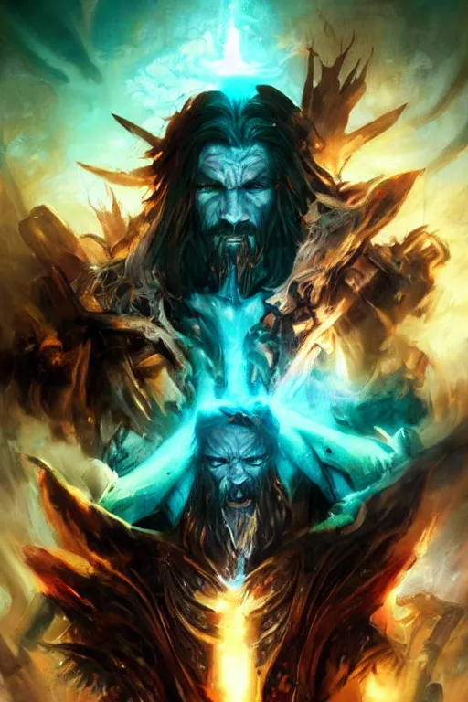 Image similar to clear portrait hulking herculean barbarian jesus christ, model pose, bright color, sun shining through, sharp focus, highly detailed face, specular reflection, art by anato finnstark and lecouffe deharme and pete mohrbacher and quentin mabille and frank moth, fantasy illustrations, epic light novel cover art