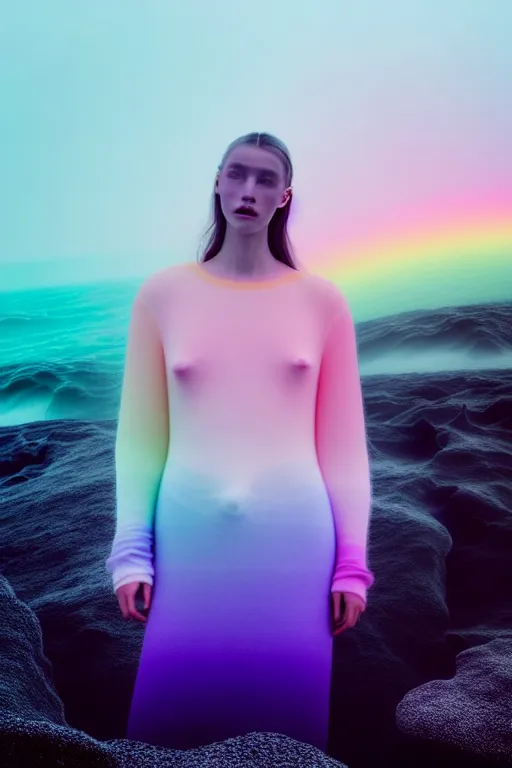 Image similar to high quality pastel coloured film close up wide angle photograph of a model wearing clothing swimming on cloud furniture in a icelandic black rock!! environment in a partially haze filled dreamstate world. three point light, rainbow. photographic production. art directed. pastel colours. volumetric clouds. pastel gradient overlay. waves glitch artefacts. extreme facial clarity. 8 k. filmic.