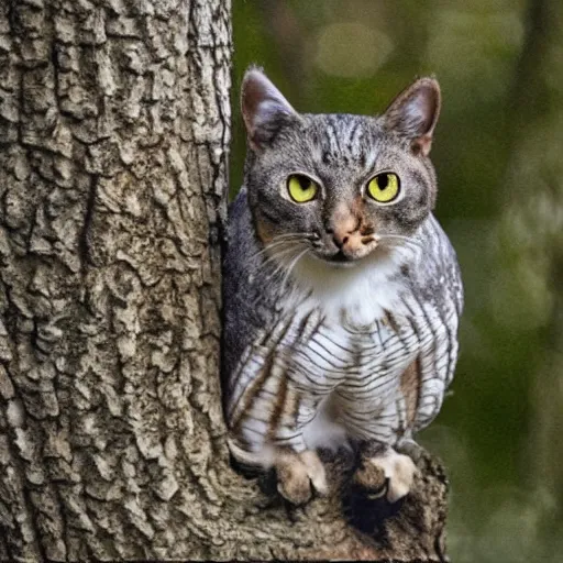 Image similar to cat and owl hybrid perched on a tree