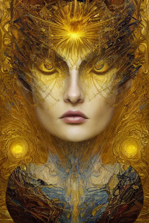 Image similar to Intermittent Chance of Chaos Muse by Karol Bak, Jean Deville, Gustav Klimt, and Vincent Van Gogh, beautiful surreal portrait, enigma, destiny, fate, inspiration, muse, otherworldly, fractal structures, arcane, ornate gilded medieval icon, third eye, spirals