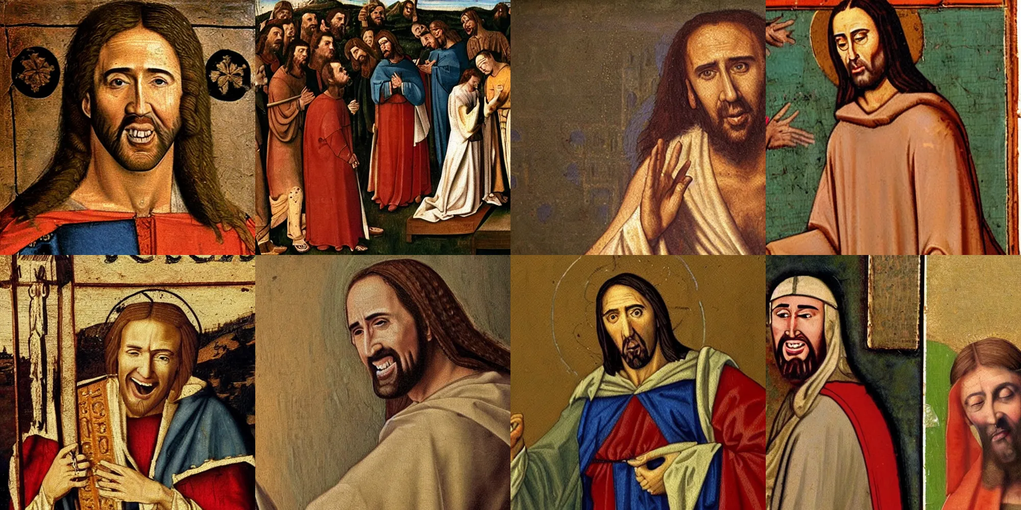 Prompt: Nicolas Cage as Jesus in a detailed medieval painting laughing at peasants